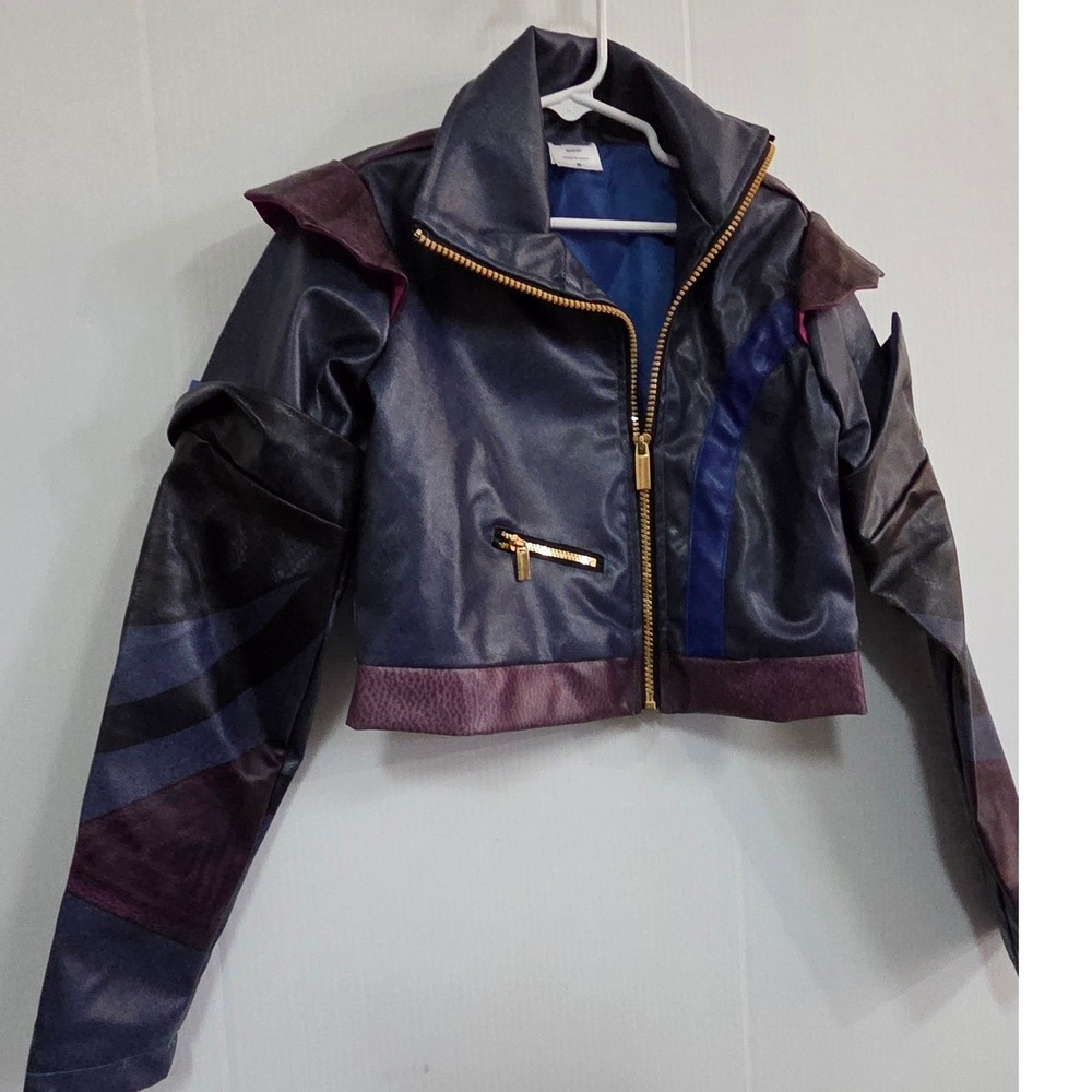 Disney Descendants 3 Mal Purple Faux Leather Moto Jacket Kids Medium Heart Back - Picture 7 of 7